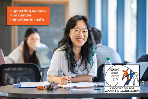 A female student sits in a large study hall and looks up from her textbook. The logo for the Illinois Student Chapter of the Association for Mathematics is in the lower right corner. A banner at the top reads "Supporting women and gender minorities in math." 